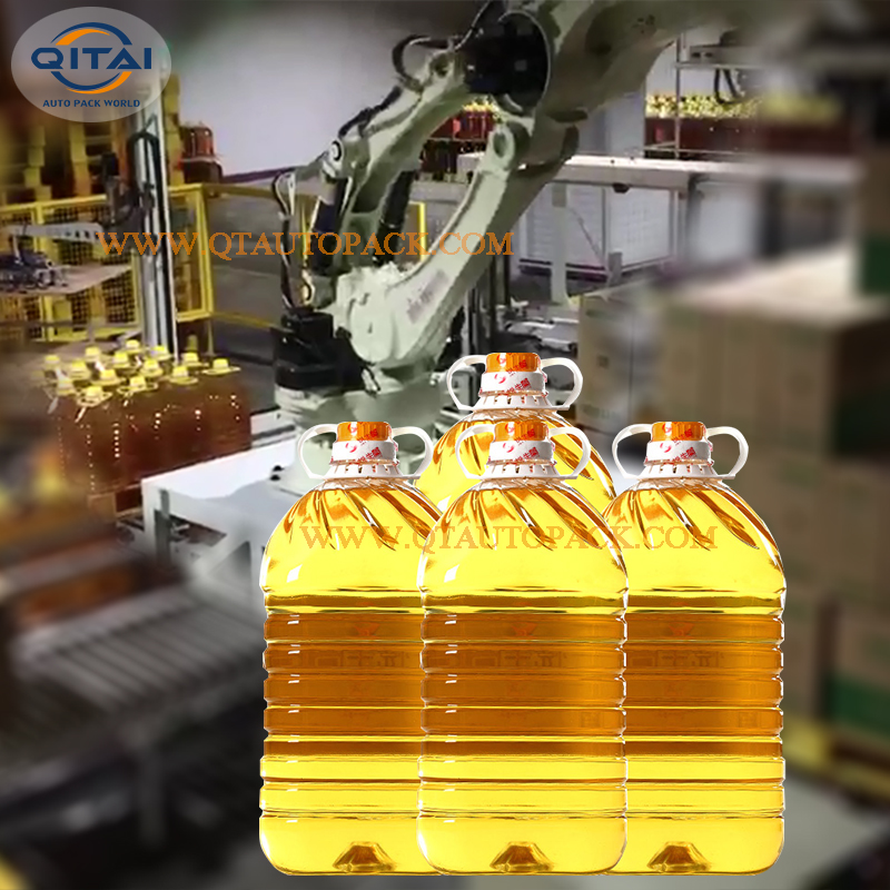 Cooking oil auto case loading and palletizing pack line